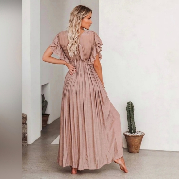 NEW Boho Plunge Gauze Cover Up Maxi Dress Button Front Nude Blush Beige Tan - Picture 3 of 10